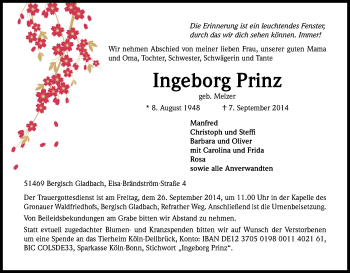 Anzeige von Ingeborg Prinz von Kölner Stadt-Anzeiger / Kölnische Rundschau / Express