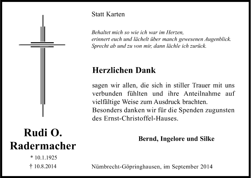  Traueranzeige für Rudi Radermacher vom 20.09.2014 aus Kölner Stadt-Anzeiger / Kölnische Rundschau / Express