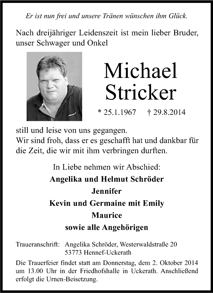 Traueranzeige für Michael Stricker vom 22.09.2014 aus Kölner Stadt-Anzeiger / Kölnische Rundschau / Express
