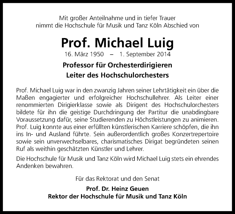  Traueranzeige für Michael Luig vom 20.09.2014 aus Kölner Stadt-Anzeiger / Kölnische Rundschau / Express