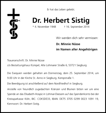 Anzeige von Herbert Sistig von Kölner Stadt-Anzeiger / Kölnische Rundschau / Express