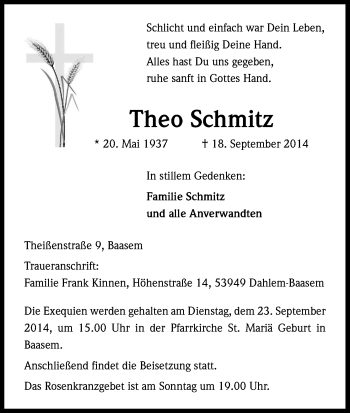 Anzeige von Theo Schmitz von Kölner Stadt-Anzeiger / Kölnische Rundschau / Express
