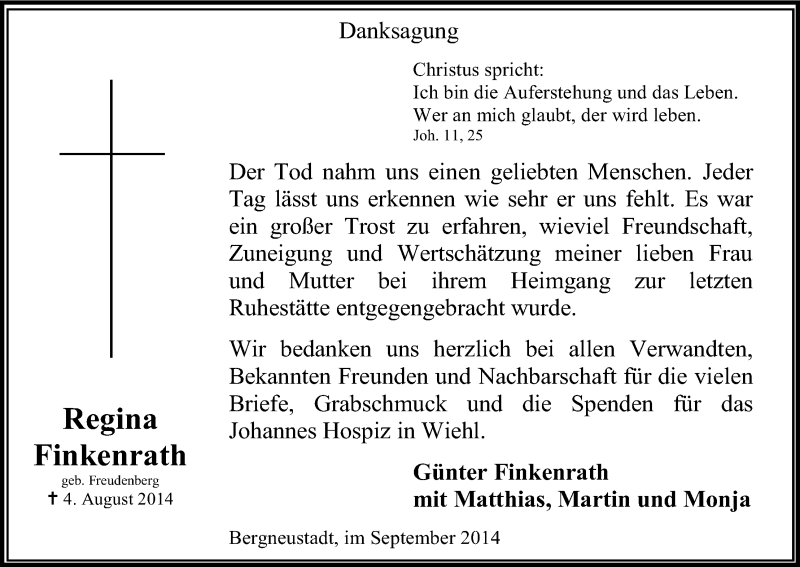  Traueranzeige für Regina Finkenrath vom 20.09.2014 aus Kölner Stadt-Anzeiger / Kölnische Rundschau / Express