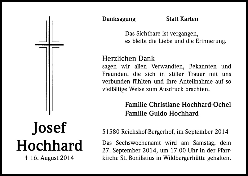  Traueranzeige für Josef Hochhard vom 20.09.2014 aus Kölner Stadt-Anzeiger / Kölnische Rundschau / Express