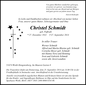 Anzeige von Christel Schmidt von Kölner Stadt-Anzeiger / Kölnische Rundschau / Express