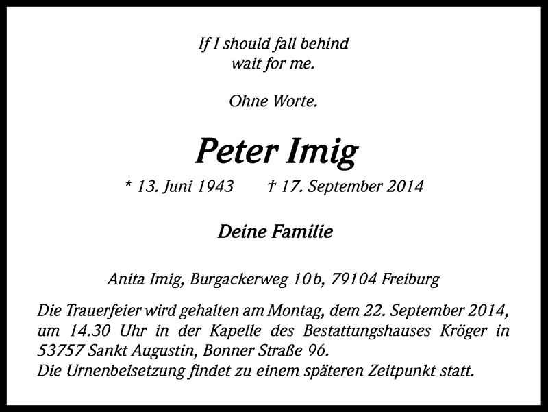  Traueranzeige für Peter Imig vom 20.09.2014 aus Kölner Stadt-Anzeiger / Kölnische Rundschau / Express
