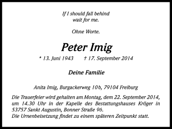 Anzeige von Peter Imig von Kölner Stadt-Anzeiger / Kölnische Rundschau / Express