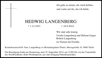 Anzeige von Hedwig Langenberg von Kölner Stadt-Anzeiger / Kölnische Rundschau / Express