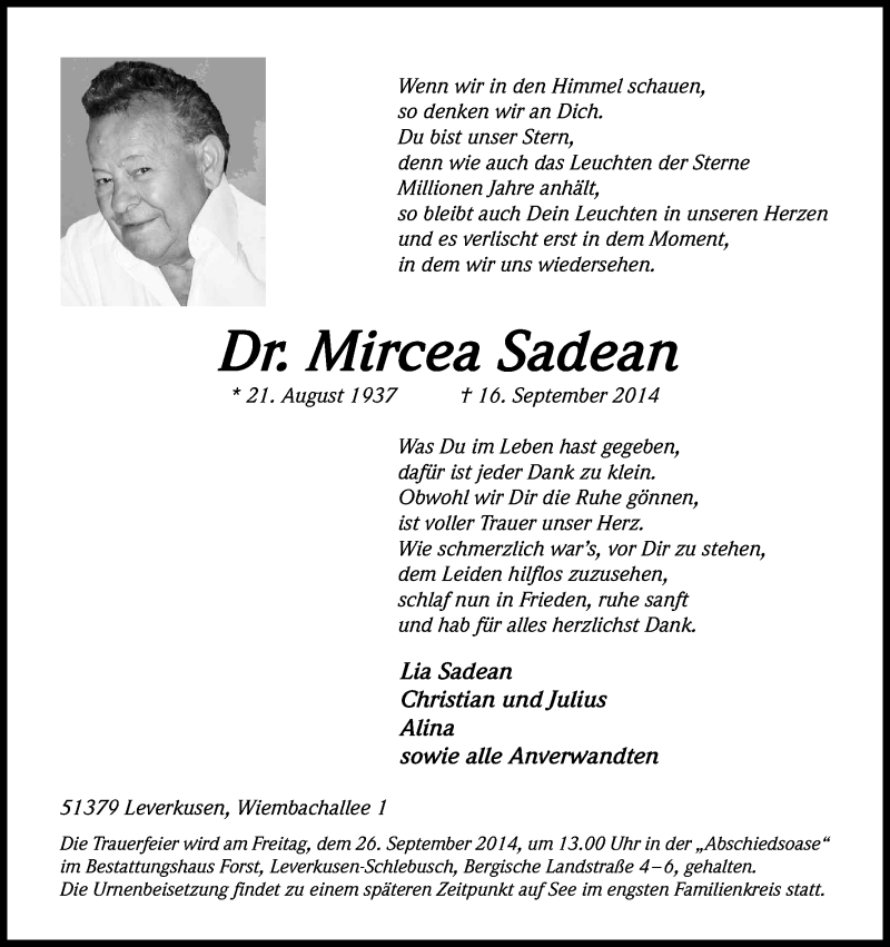  Traueranzeige für Mircea Sadean vom 20.09.2014 aus Kölner Stadt-Anzeiger / Kölnische Rundschau / Express