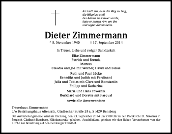Anzeige von Dieter Zimmermann von Kölner Stadt-Anzeiger / Kölnische Rundschau / Express