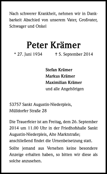 Anzeige von Peter Krämer von Kölner Stadt-Anzeiger / Kölnische Rundschau / Express