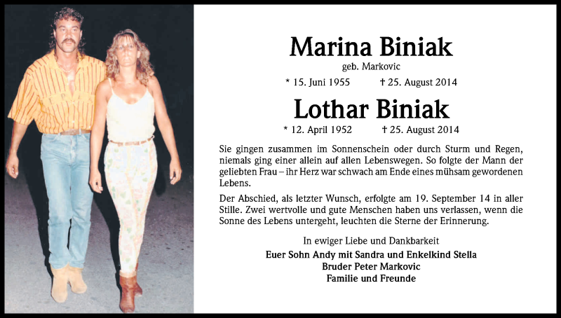  Traueranzeige für Marina und Lothar Biniak vom 20.09.2014 aus Kölner Stadt-Anzeiger / Kölnische Rundschau / Express