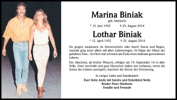 Anzeige von Marina und Lothar Biniak von Kölner Stadt-Anzeiger / Kölnische Rundschau / Express