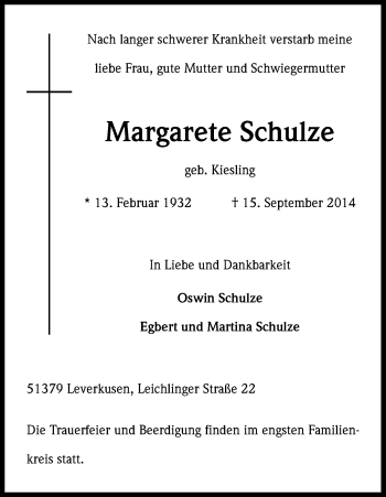 Anzeige von Margarete Schulze von Kölner Stadt-Anzeiger / Kölnische Rundschau / Express