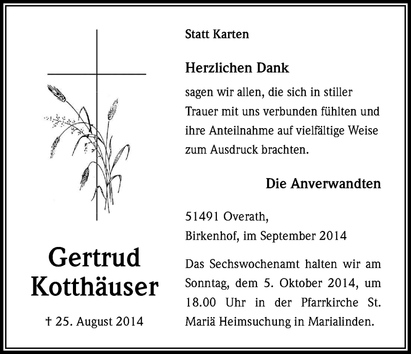  Traueranzeige für Gertrud Kotthäuser vom 22.09.2014 aus Kölner Stadt-Anzeiger / Kölnische Rundschau / Express