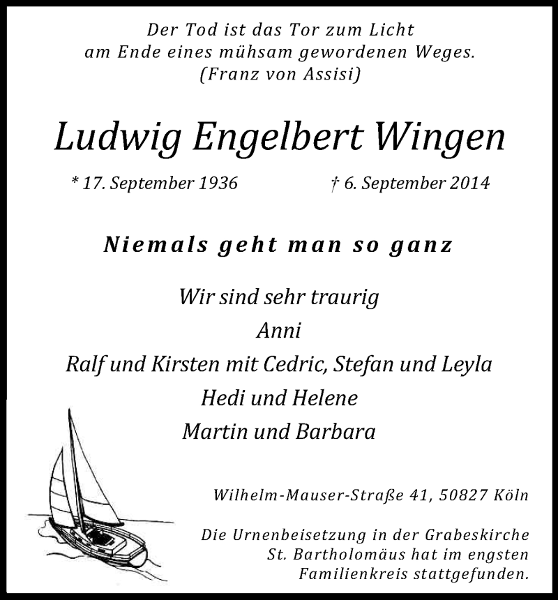  Traueranzeige für Ludwig Engelbert Wingen vom 27.09.2014 aus Kölner Stadt-Anzeiger / Kölnische Rundschau / Express