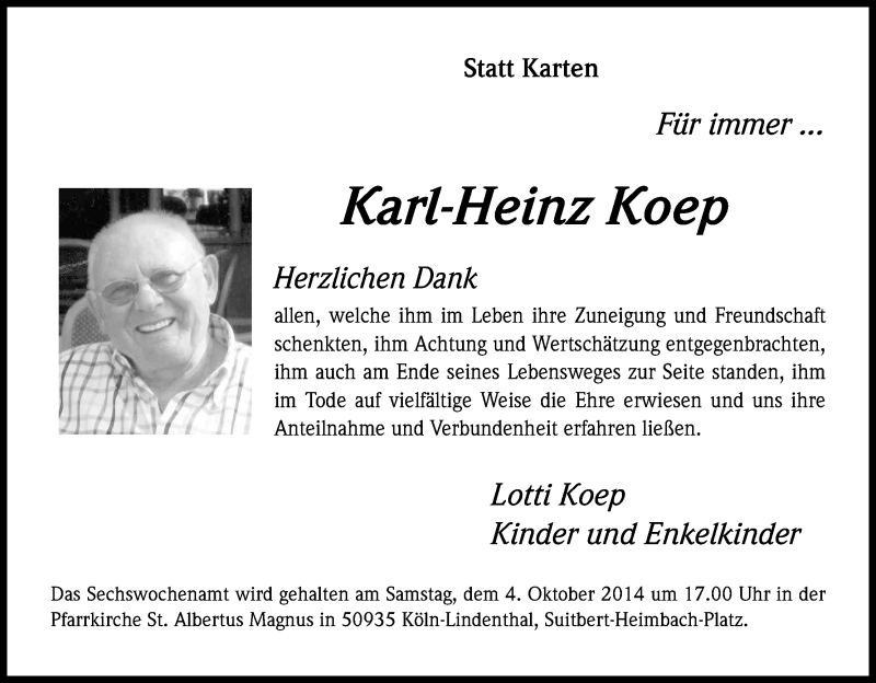  Traueranzeige für Karl-Heinz Koep vom 27.09.2014 aus Kölner Stadt-Anzeiger / Kölnische Rundschau / Express