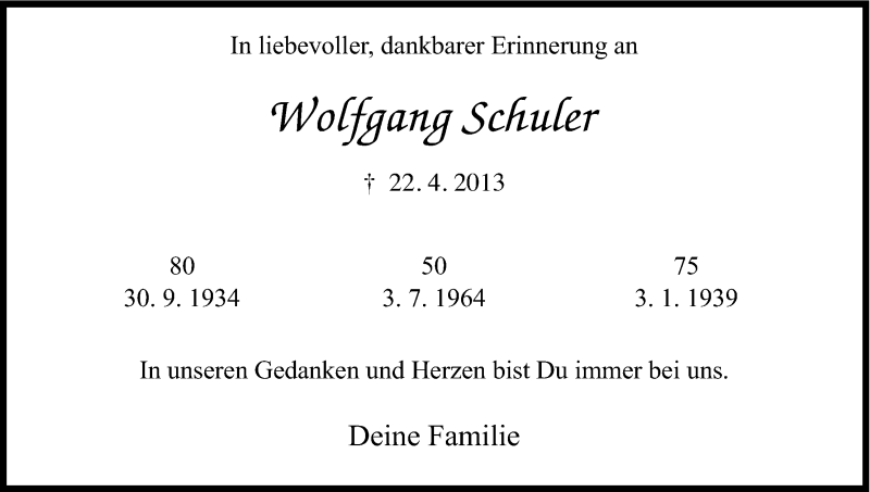  Traueranzeige für Wolfgang Schuler vom 04.10.2014 aus Kölner Stadt-Anzeiger / Kölnische Rundschau / Express