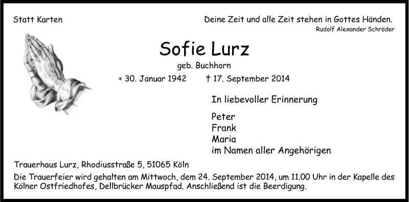  Traueranzeige für Sofie Lurz vom 22.09.2014 aus Kölner Stadt-Anzeiger / Kölnische Rundschau / Express