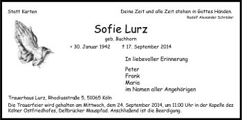 Anzeige von Sofie Lurz von Kölner Stadt-Anzeiger / Kölnische Rundschau / Express