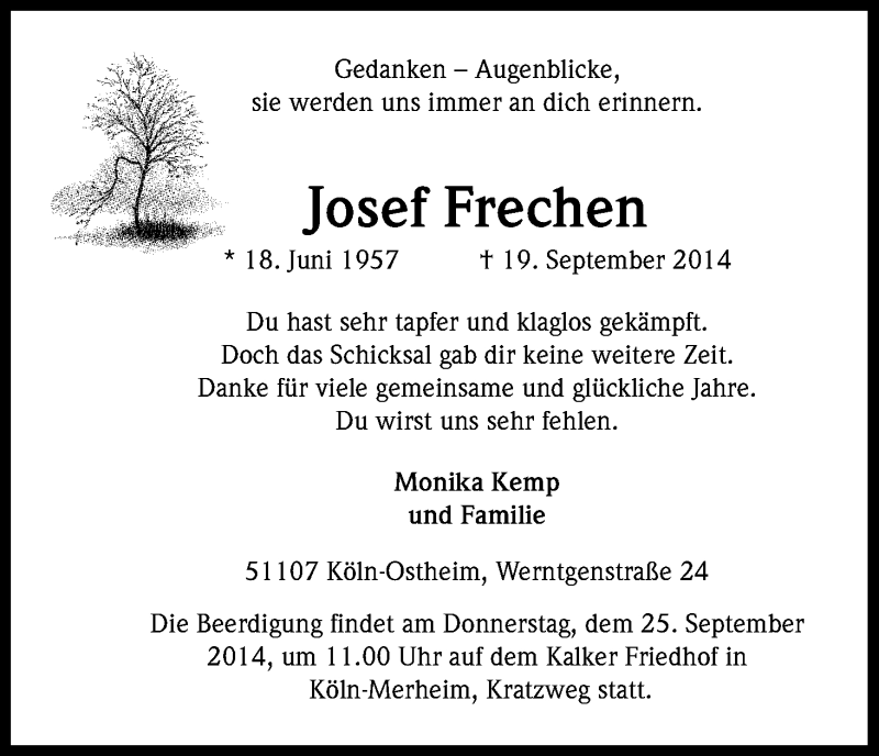  Traueranzeige für Josef Frechen vom 23.09.2014 aus Kölner Stadt-Anzeiger / Kölnische Rundschau / Express