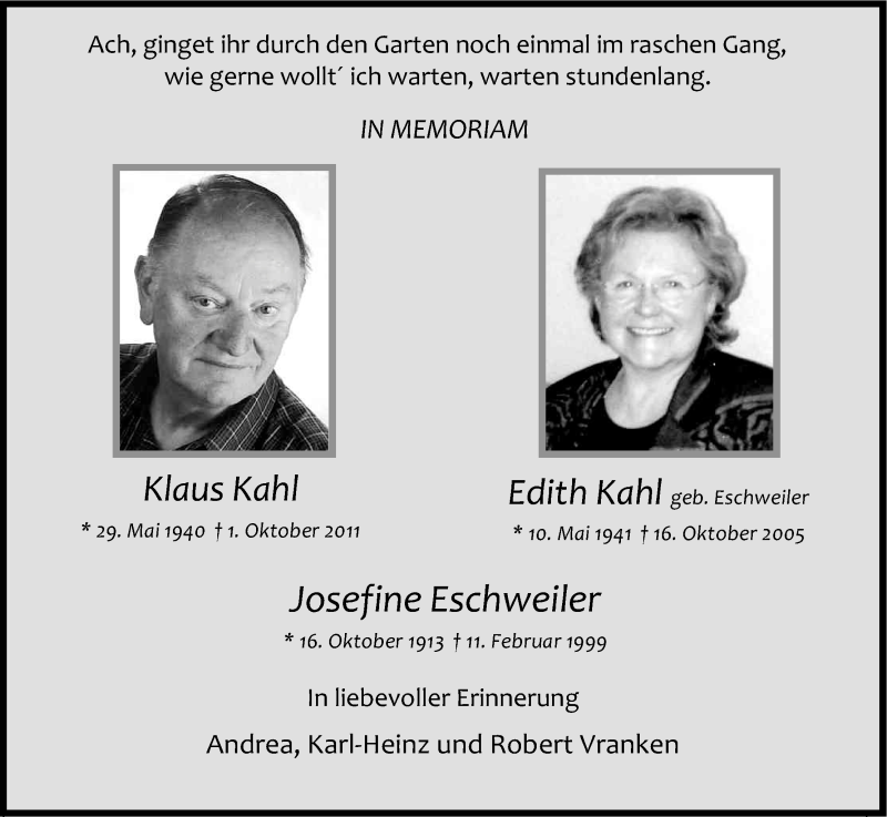  Traueranzeige für Edith und Klaus Kahl vom 01.10.2014 aus Kölner Stadt-Anzeiger / Kölnische Rundschau / Express