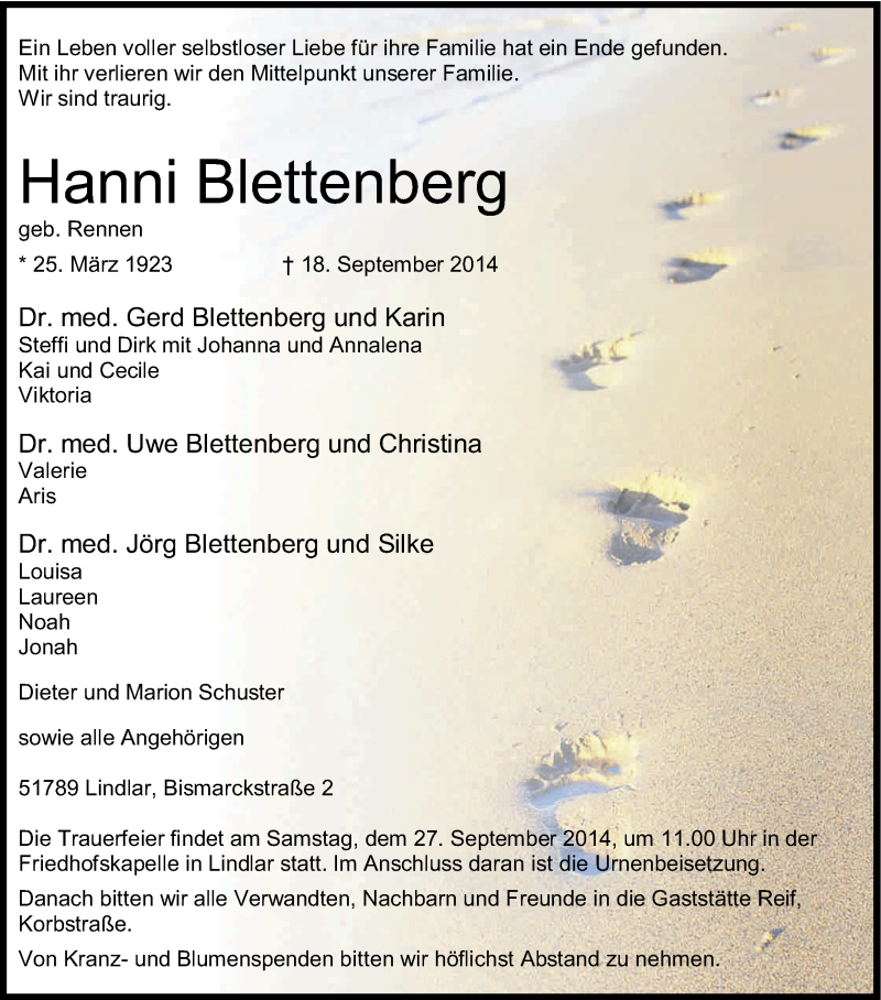  Traueranzeige für Hanni Blettenberg vom 22.09.2014 aus Kölner Stadt-Anzeiger / Kölnische Rundschau / Express