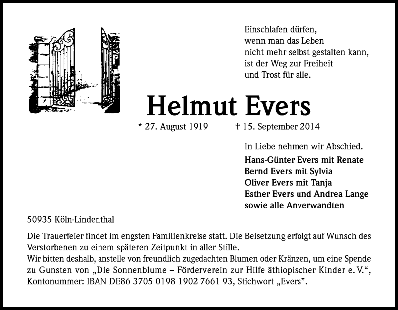  Traueranzeige für Helmut Evers vom 24.09.2014 aus Kölner Stadt-Anzeiger / Kölnische Rundschau / Express