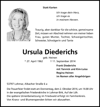 Anzeige von Ursula Diederichs von Kölner Stadt-Anzeiger / Kölnische Rundschau / Express