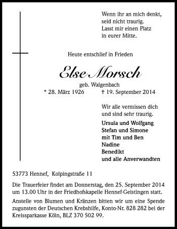 Anzeige von Else Morsch von Kölner Stadt-Anzeiger / Kölnische Rundschau / Express