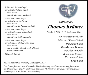 Anzeige von Thomas Krämer von Kölner Stadt-Anzeiger / Kölnische Rundschau / Express