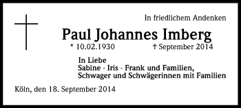 Anzeige von Paul Johannes Imberg von Kölner Stadt-Anzeiger / Kölnische Rundschau / Express