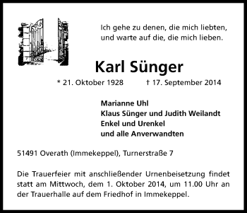Anzeige von Karl Sünger von Kölner Stadt-Anzeiger / Kölnische Rundschau / Express