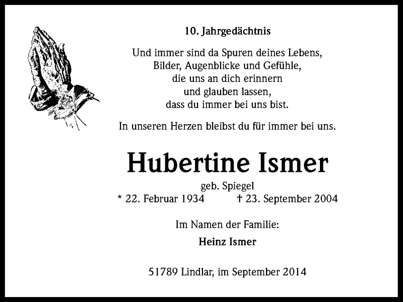  Traueranzeige für Hubertine Ismer vom 23.09.2014 aus Kölner Stadt-Anzeiger / Kölnische Rundschau / Express