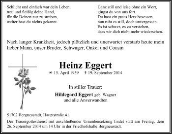 Anzeige von Heinz Eggert von Kölner Stadt-Anzeiger / Kölnische Rundschau / Express