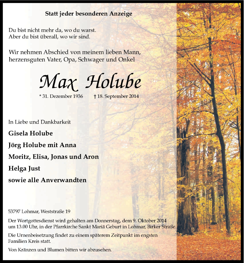  Traueranzeige für Max Holube vom 04.10.2014 aus Kölner Stadt-Anzeiger / Kölnische Rundschau / Express
