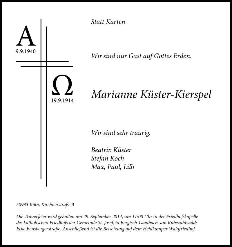  Traueranzeige für Marianne Küster-Kierspel vom 23.09.2014 aus Kölner Stadt-Anzeiger / Kölnische Rundschau / Express
