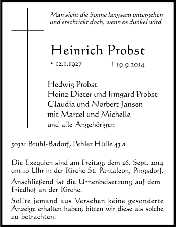 Anzeige von Heinrich Probst von Kölner Stadt-Anzeiger / Kölnische Rundschau / Express