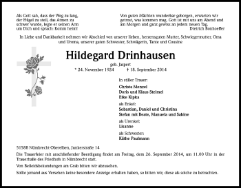 Anzeige von Hildegard Drinhausen von Kölner Stadt-Anzeiger / Kölnische Rundschau / Express