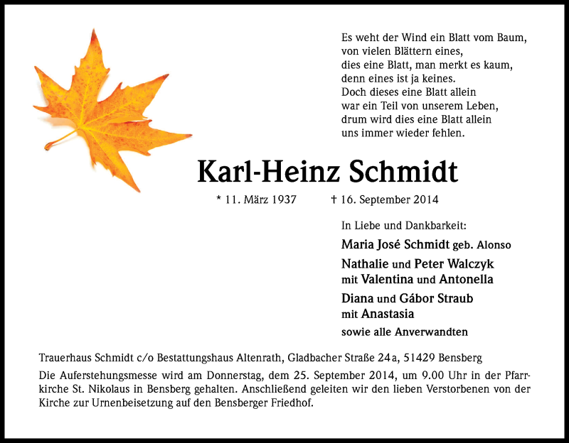  Traueranzeige für Karl-Heinz Schmidt vom 23.09.2014 aus Kölner Stadt-Anzeiger / Kölnische Rundschau / Express