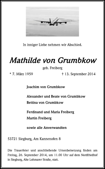 Anzeige von Mathilde von Grumbkow von Kölner Stadt-Anzeiger / Kölnische Rundschau / Express