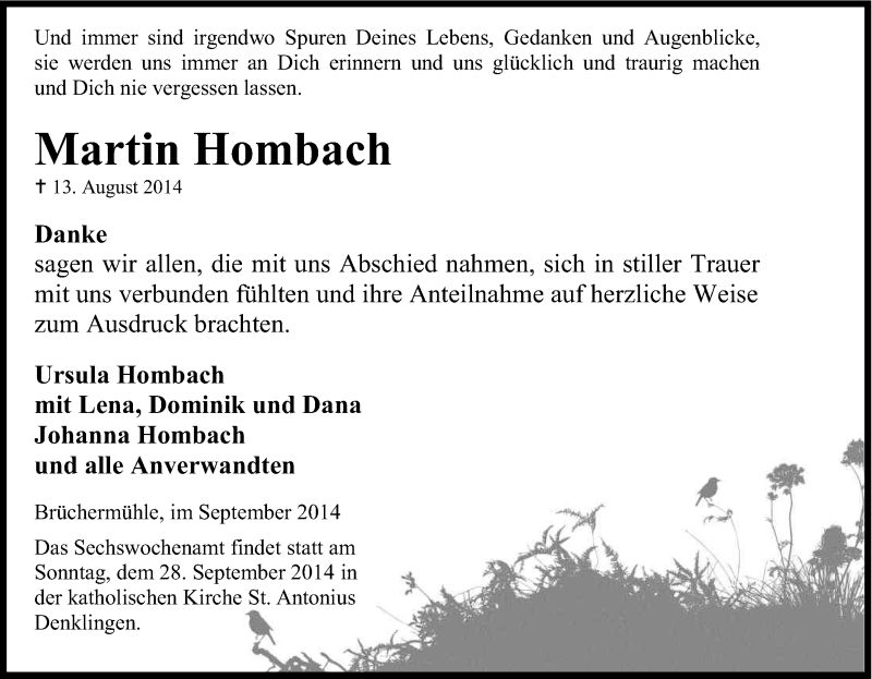  Traueranzeige für Martin Hombach vom 24.09.2014 aus Kölner Stadt-Anzeiger / Kölnische Rundschau / Express