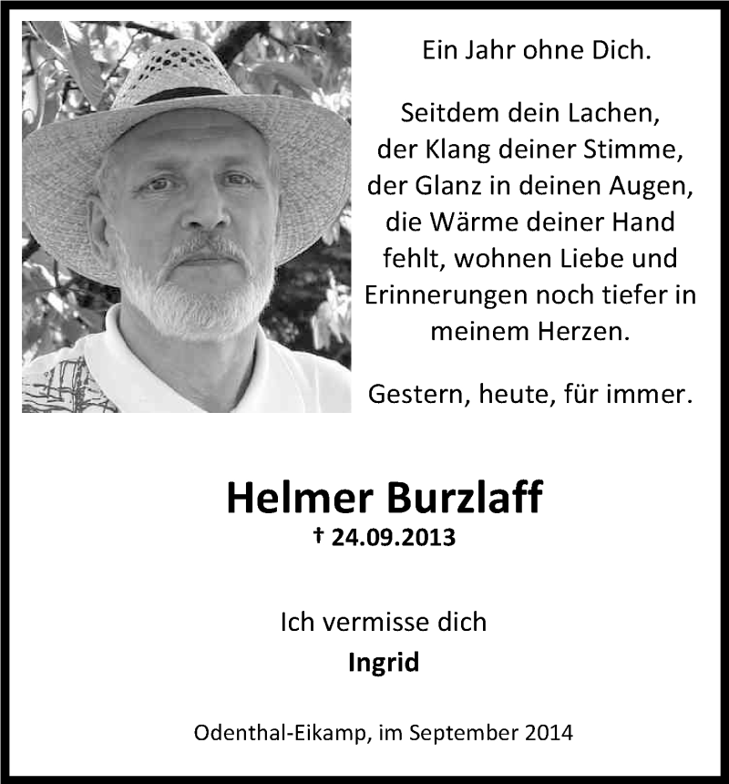  Traueranzeige für Helmer Burzlaff vom 24.09.2014 aus Kölner Stadt-Anzeiger / Kölnische Rundschau / Express