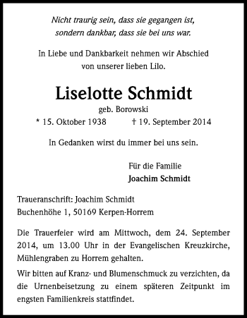 Anzeige von Liselotte Schmidt von Kölner Stadt-Anzeiger / Kölnische Rundschau / Express