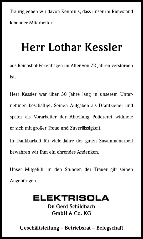 Traueranzeige für Lothar Kessler vom 23.09.2014 aus Kölner Stadt-Anzeiger / Kölnische Rundschau / Express