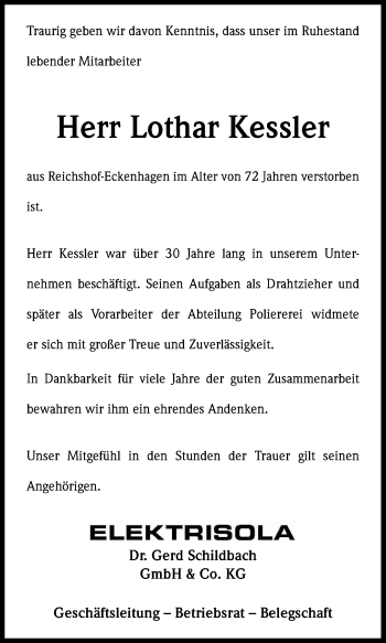 Anzeige von Lothar Kessler von Kölner Stadt-Anzeiger / Kölnische Rundschau / Express