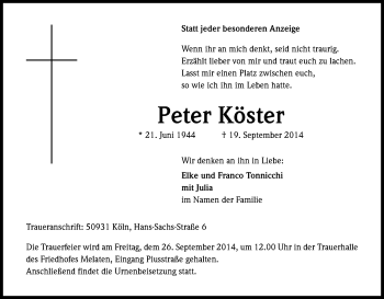 Anzeige von Peter Köster von Kölner Stadt-Anzeiger / Kölnische Rundschau / Express