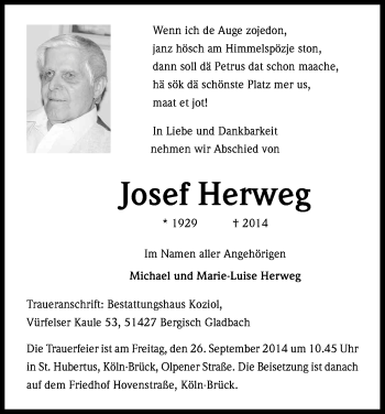 Anzeige von Josef Herweg von Kölner Stadt-Anzeiger / Kölnische Rundschau / Express