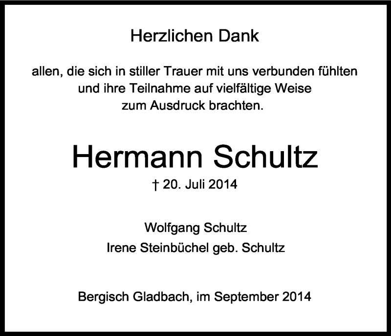 Traueranzeige für Hermann Schultz vom 24.09.2014 aus Kölner Stadt-Anzeiger / Kölnische Rundschau / Express