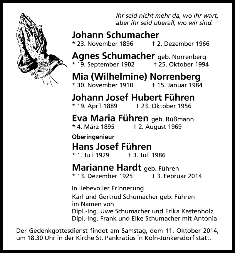  Traueranzeige für Familie Schumacher vom 27.09.2014 aus Kölner Stadt-Anzeiger / Kölnische Rundschau / Express